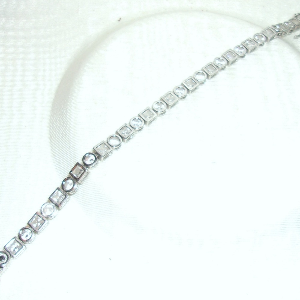 Silver Tone Square And Round Bezel Set CZ Bracelet